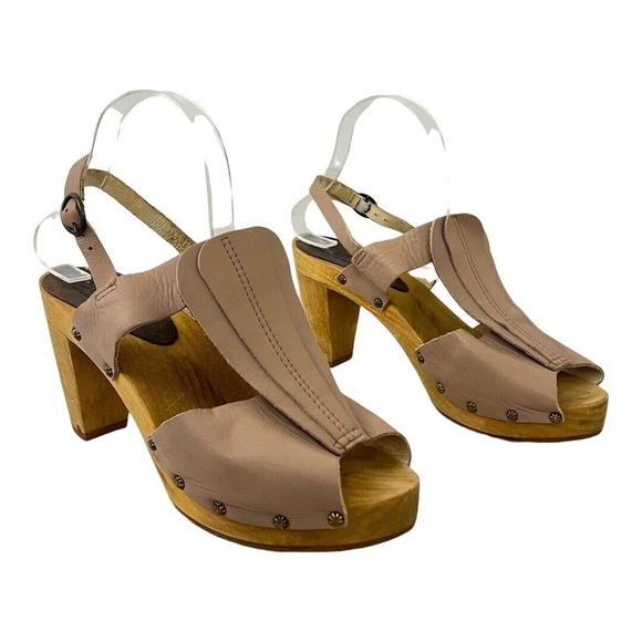 Sanita Womens Size 40 Tan Leather Slingback Open Toe Wooden Heels - Picture 1 of 7